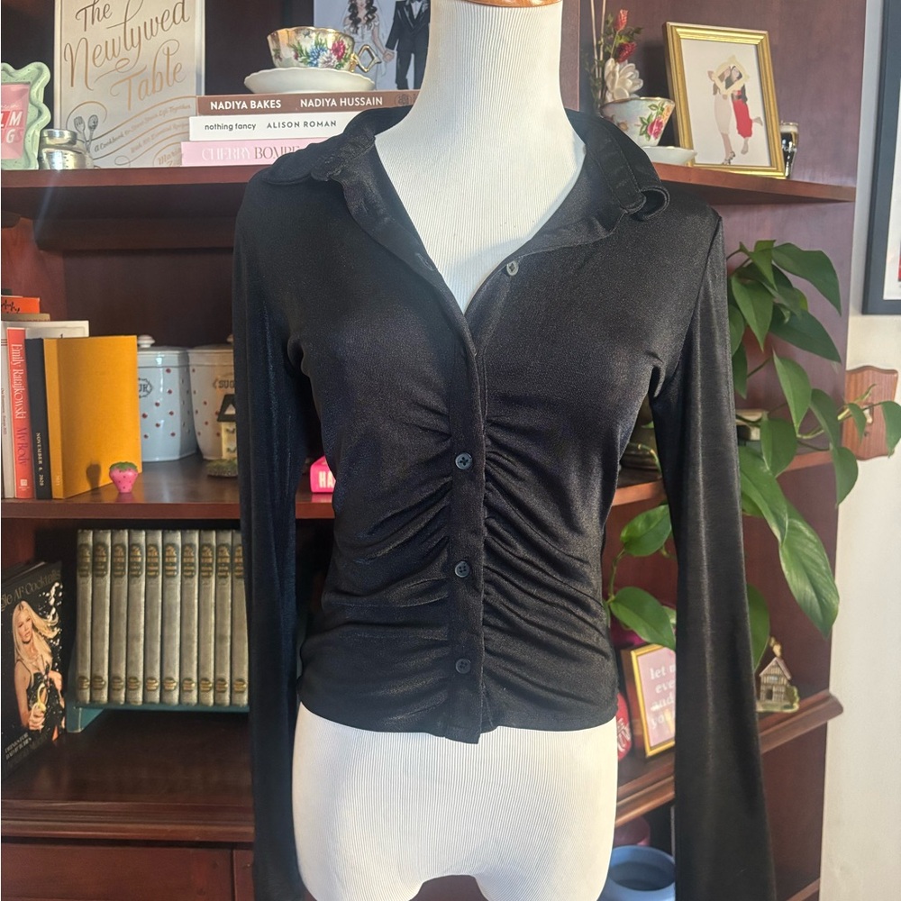 Black Ruched Button-Up Top